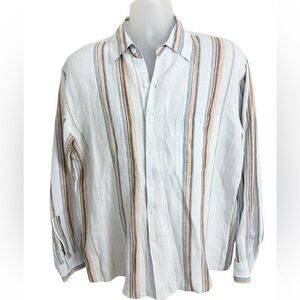 Bruno New York Shirt Mens Size L Blue Striped 100% Washable Linen Casual Coastal